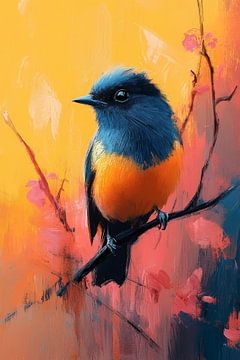 Vurig Contrast Vogel in Oranje en Blauw van Eva Lee