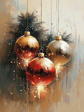 Christmas baubles | Three baubles Pine branch by Abstract Painting