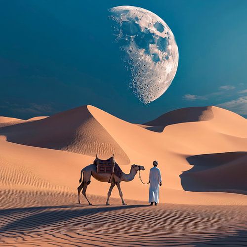 Wandelen in het zand onder de maan