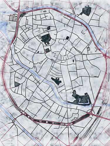 Kaart van Mechelen centrum in de stijl 'White Winter'