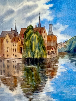 Zomers uitzicht op de Rozenhoedkaai in Brugge