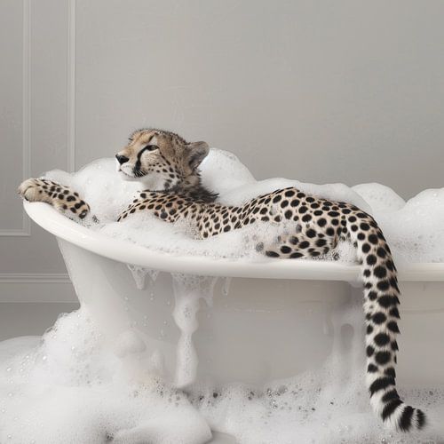 Guépard dans la baignoire - Une image de salle de bain amusante sur Poster Art Shop