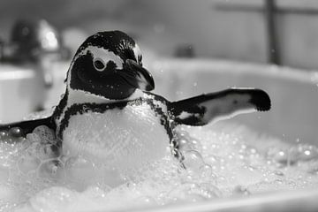 Cheerful penguin in the bath - an enchanting bathroom picture for your WC by Felix Brönnimann