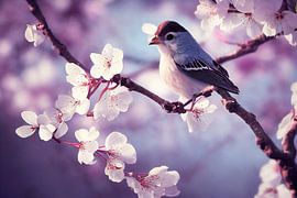 Rotkehlchen auf einem blühenden Kirschbaum im Frühling