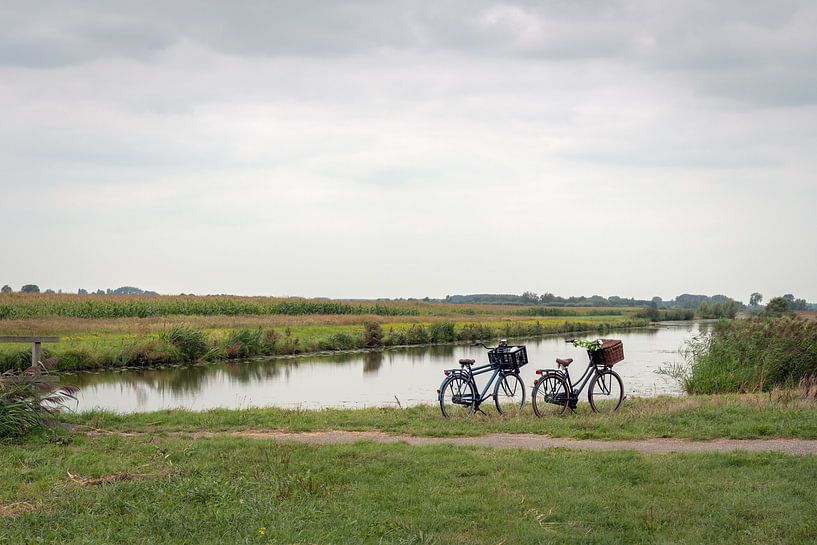 Holländische Polderlandschaft mit einem Strom und zwei Fahrrädern von Ruud Morijn