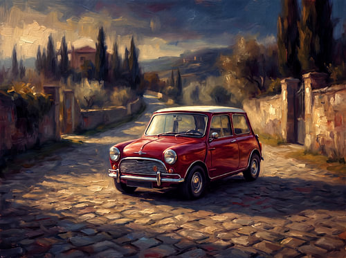 Red Mini Cooper in Tuscan Golden Light