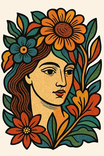 Damenportrait mit abstraktem Blumendesign - Moderne feminine Wandkunst