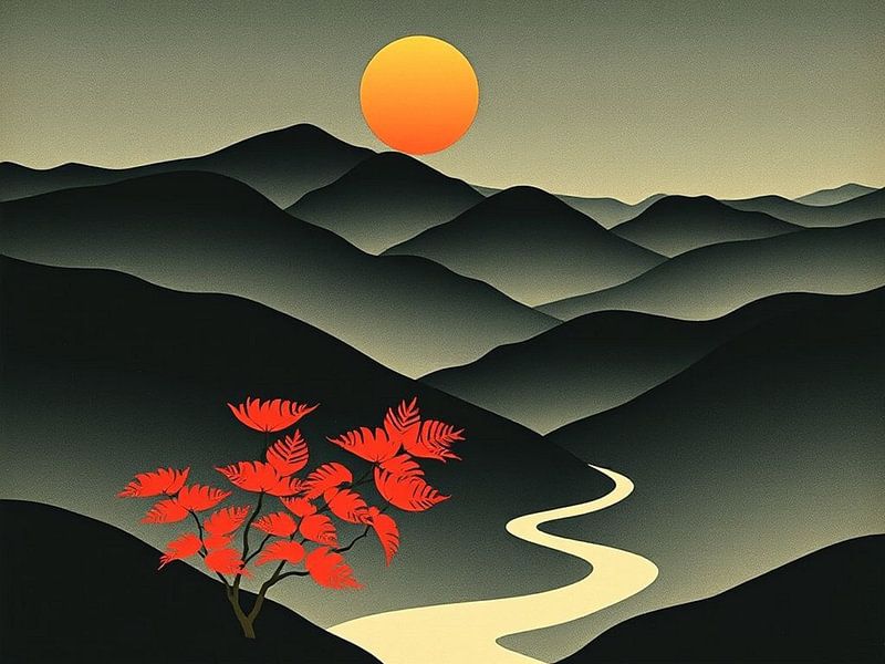 Un soleil orange lumineux descend sur des montagnes brumeuses avec une rivière sinueuse et un érable rouge flamboyant. par Artistic
