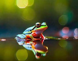 Frog in pond with reflection