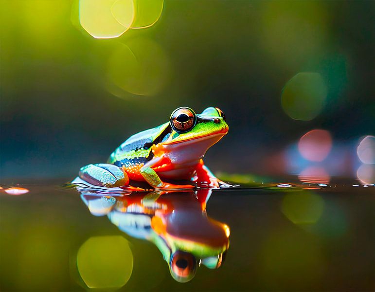 Frog in pond with reflection by Mustafa Kurnaz