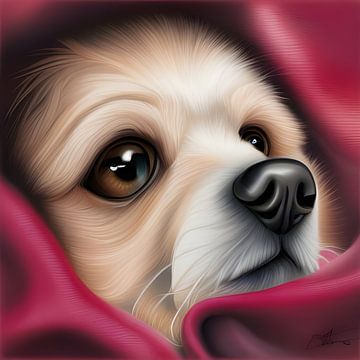 Puppie met pootje tussen dekens III van Betty Maria Digital Art