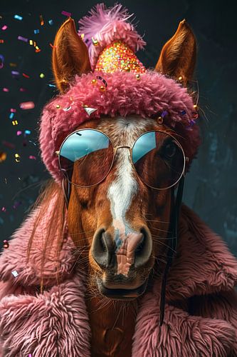 Grappig paard met feestmuts en taart