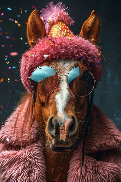 Lustiges Pferd mit Partyhut und Kuchen von Poster Art Shop