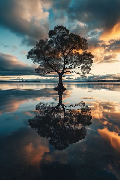 Boomreflectie in het meer van fernlichtsicht