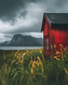 Rood huis in een mystiek fjordenlandschap van fernlichtsicht