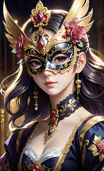 Une dame avec un magnifique masque de mascarade par Teti Bright