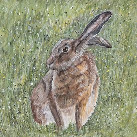 Hase auf der Wiese, Ölpastell von Ruth de Ruwe