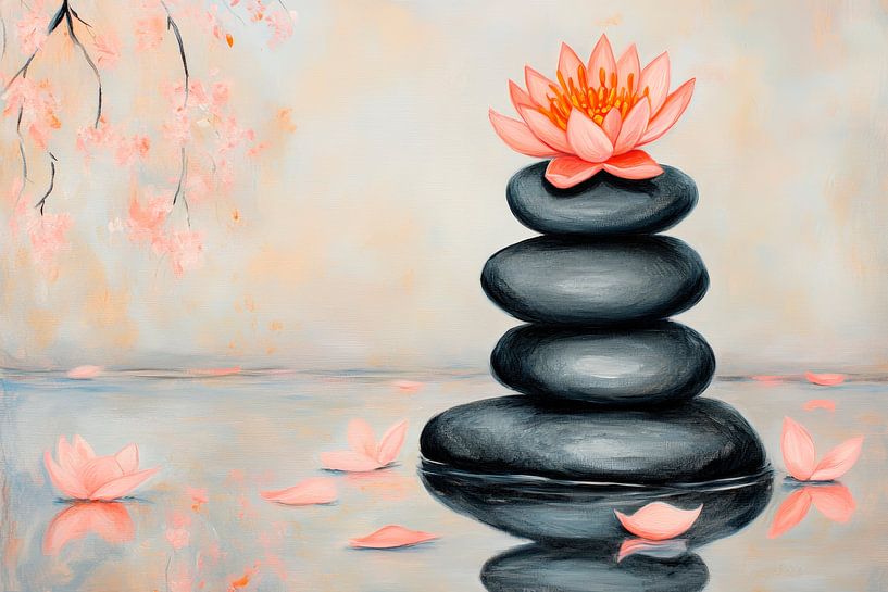 Lotusbloesem op zen-achtige stenen van Poster Art Shop
