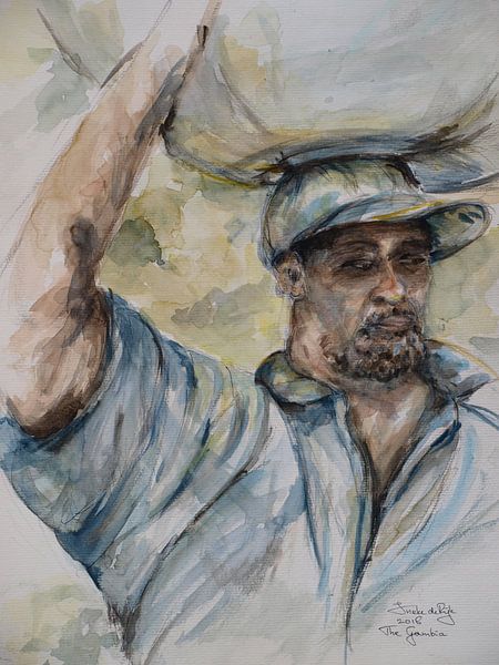 Porträt eines Mannes aus Gambia. Handgemaltes Aquarell von Ineke de Rijk