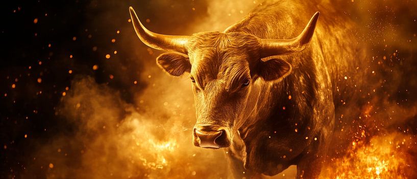 Glowing bull in the fire - Dramatic by Poster Art Shop
