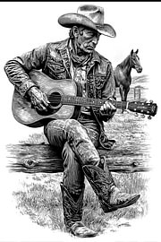 Cowboy-Gitarre – Detaillierte Vintage-Strichzeichnung von NAIME ATELIER
