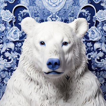 IJsbeer dierenportret tegen Delftsblauwe achtergrond van Vlindertuin Art