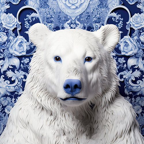 Polar bear animal portrait against Delft blue background