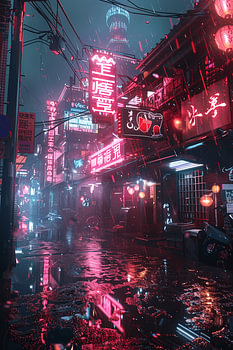 Een filmisch cyberpunk-stadslandschap: neonlicht in de regen