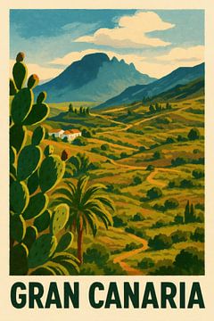 GRAN CANARIA - Mountain landscape with cactus and palm trees