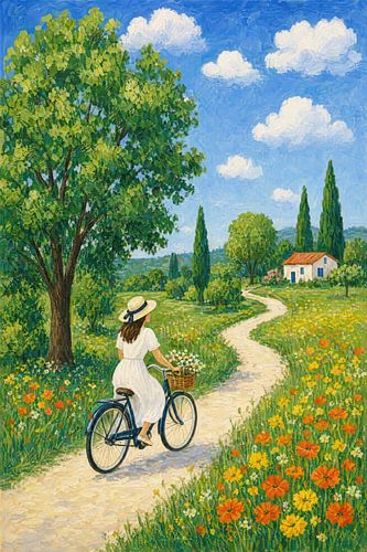 Vrouw fietst over een landweggetje vol wilde bloemen