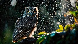 Uil in de regen met regendruppels