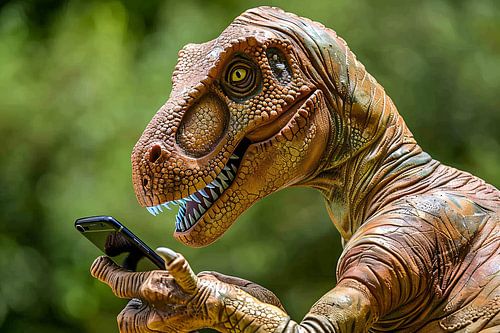 Dinosaur met smartphone in futuristische wereld