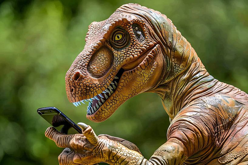 Dinosaurier mit Smartphone in futuristischer Welt von Imperial Art House