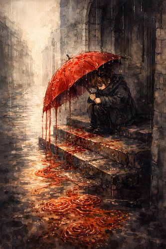 Kunstwerk: Einsames Kind mit rotem Regenschirm im Regen