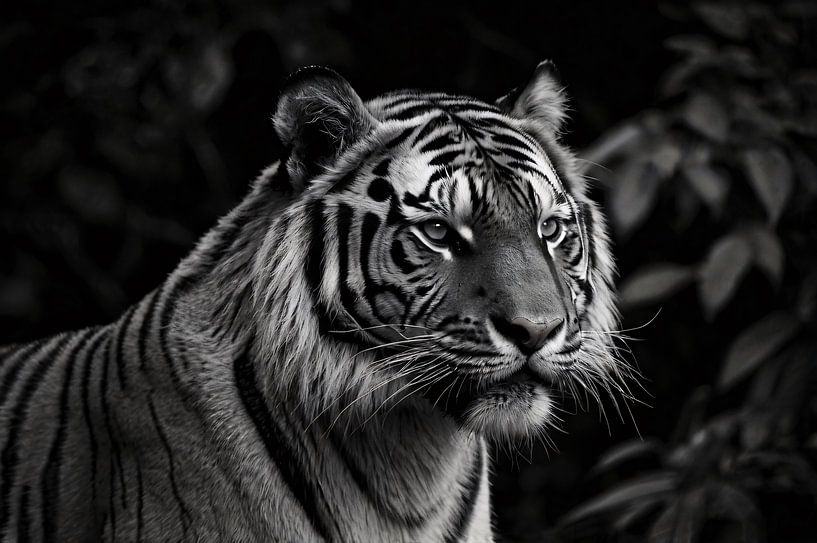 Majestätischer schwarzer und weißer Tiger in seinem natürlichen Lebensraum von Art & Soul Creations