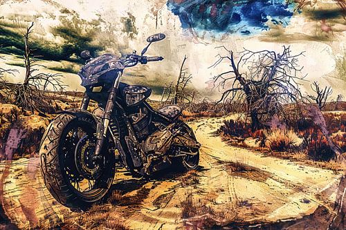 Eenzame motorrit door een apocalyptisch landschap
