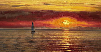 Sailing boat against a fiery sunset – Romantic seascape & n Sea (classic oil painting)
