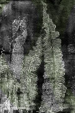 Art botanique moderne. Feuilles de fougère et formes abstraites en vert, noir et blanc. sur Dina Dankers