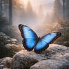 Papillon bleu dans une forêt brumeuse – Photographie macro onirique de la nature au lever du soleil sur Design Wall Arts
