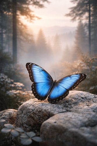 Blue Butterfly in Misty Forest – Dreamy Macro Nature Photography at Sunrise