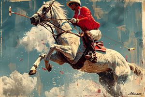 Joueur de polo en action sur un cheval blanc sur Dunto Venaar