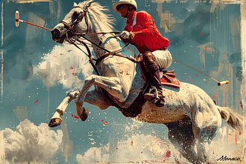 Joueur de polo en action sur un cheval blanc sur Dunto Venaar