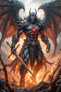 Dark Fantasy Wandbild: KRAZULON – Der gewaltige Dämon auf dem brennenden Schlachtfeld
