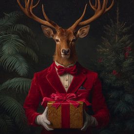Portrait élégant de renne de la Renaissance avec cadeau de Noël et couleurs chaudes de l'hiver sur But First Framing