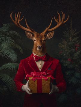 Portrait élégant de renne de la Renaissance avec cadeau de Noël et couleurs chaudes de l'hiver sur But First Framing