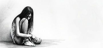 Trauriges Mädchen, sitzend mit erhobenem Knie von Frank Heinz