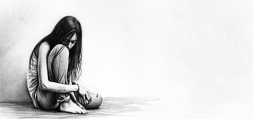 Sad girl, sitting with raised knee