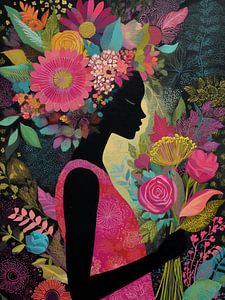 Schwarze Silhouette zwischen Blumen