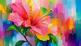 Dopamine Decor:  Roze hibiscusbloem in dikke verf (Impasto)