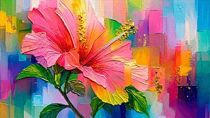 Dopamine Decor:  Roze hibiscusbloem in dikke verf (Impasto)